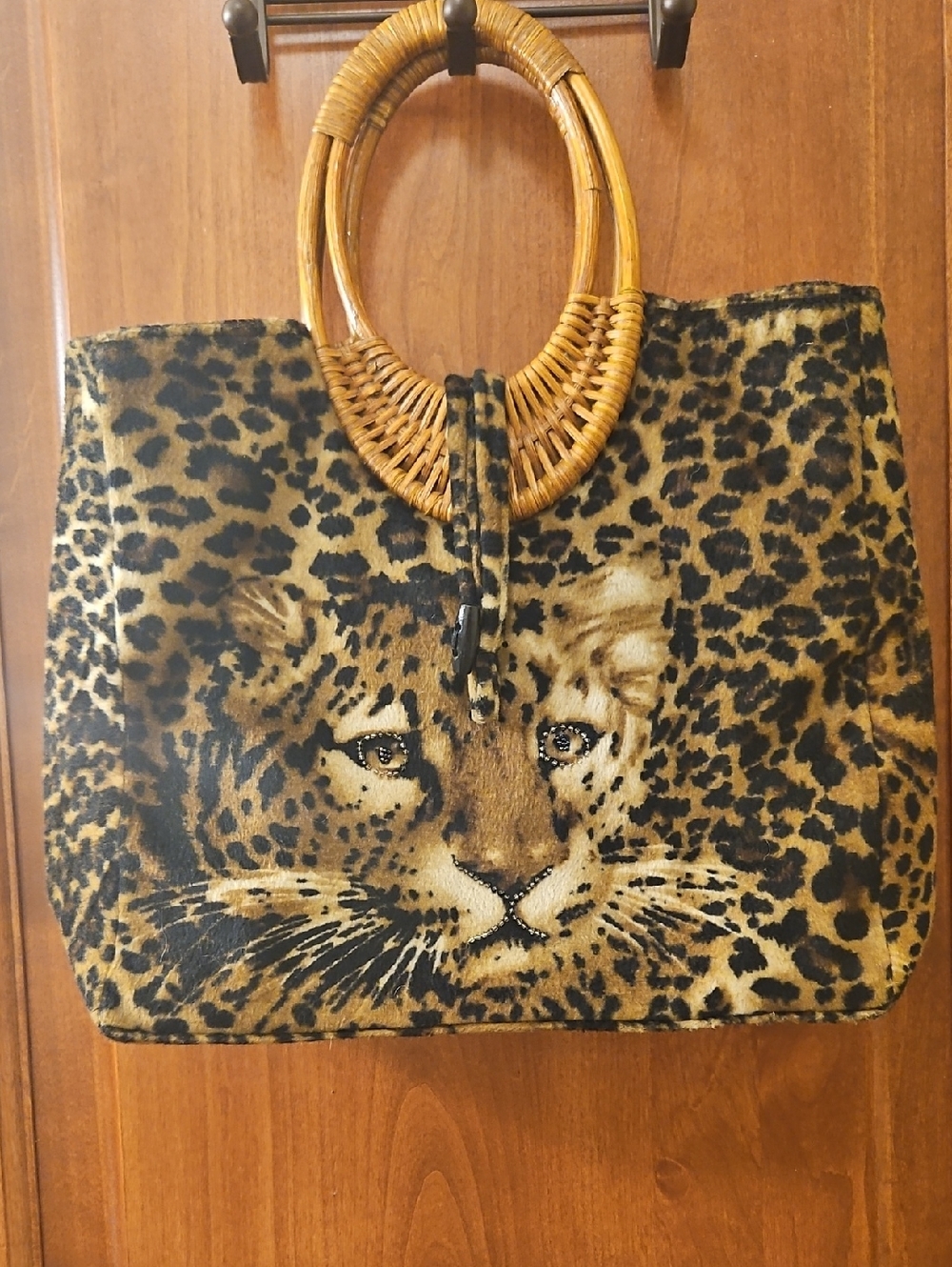 Vintage 80s Cheetah Bag With Rattan Handle. Fantasic Condition No Wear!